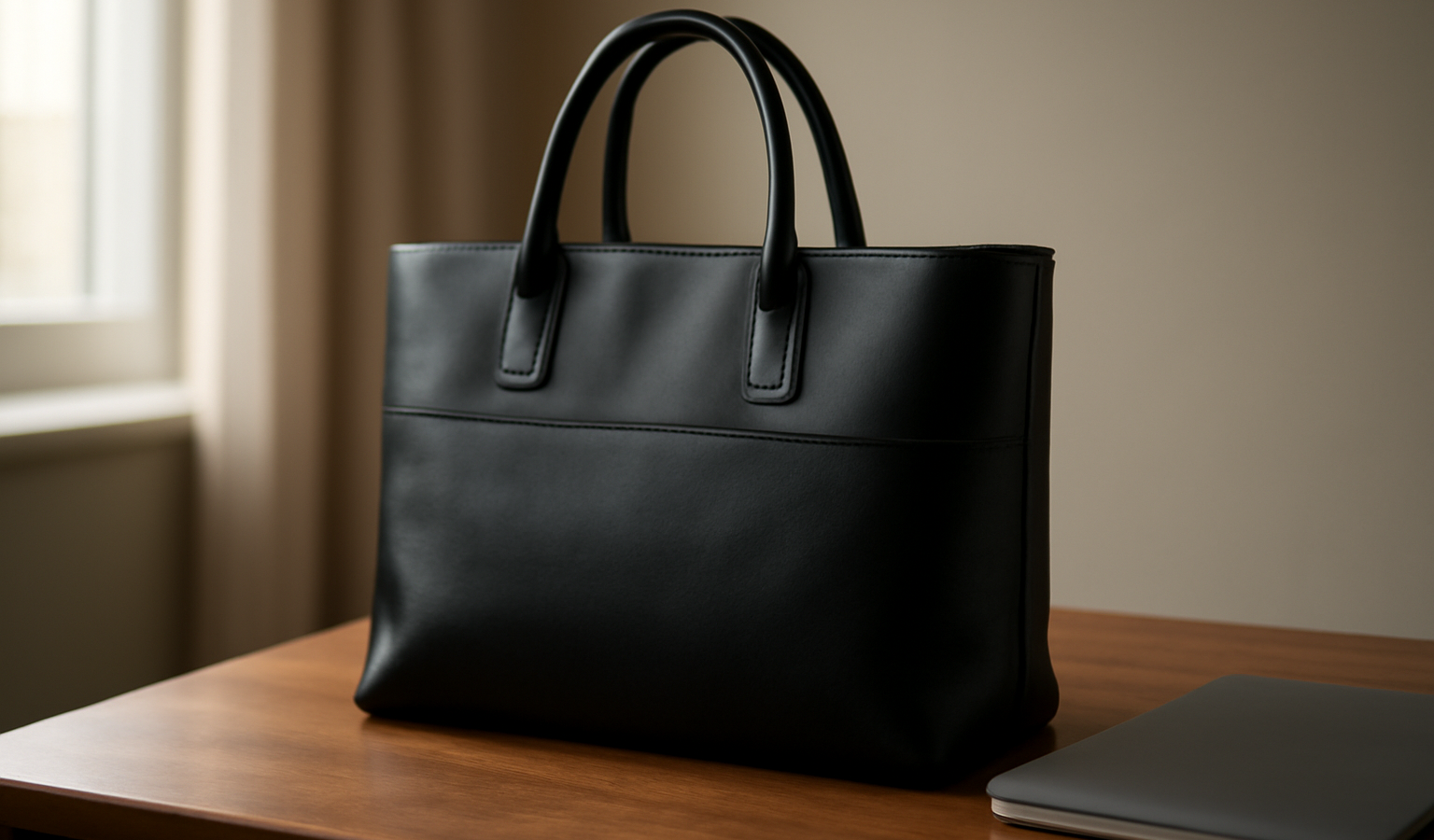 Tas kerja wanita kulit hitam di atas meja kayu dengan laptop dan buku catatan
