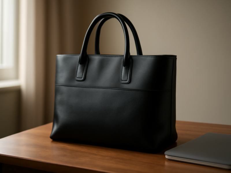 Tas kerja wanita kulit hitam di atas meja kayu dengan laptop dan buku catatan