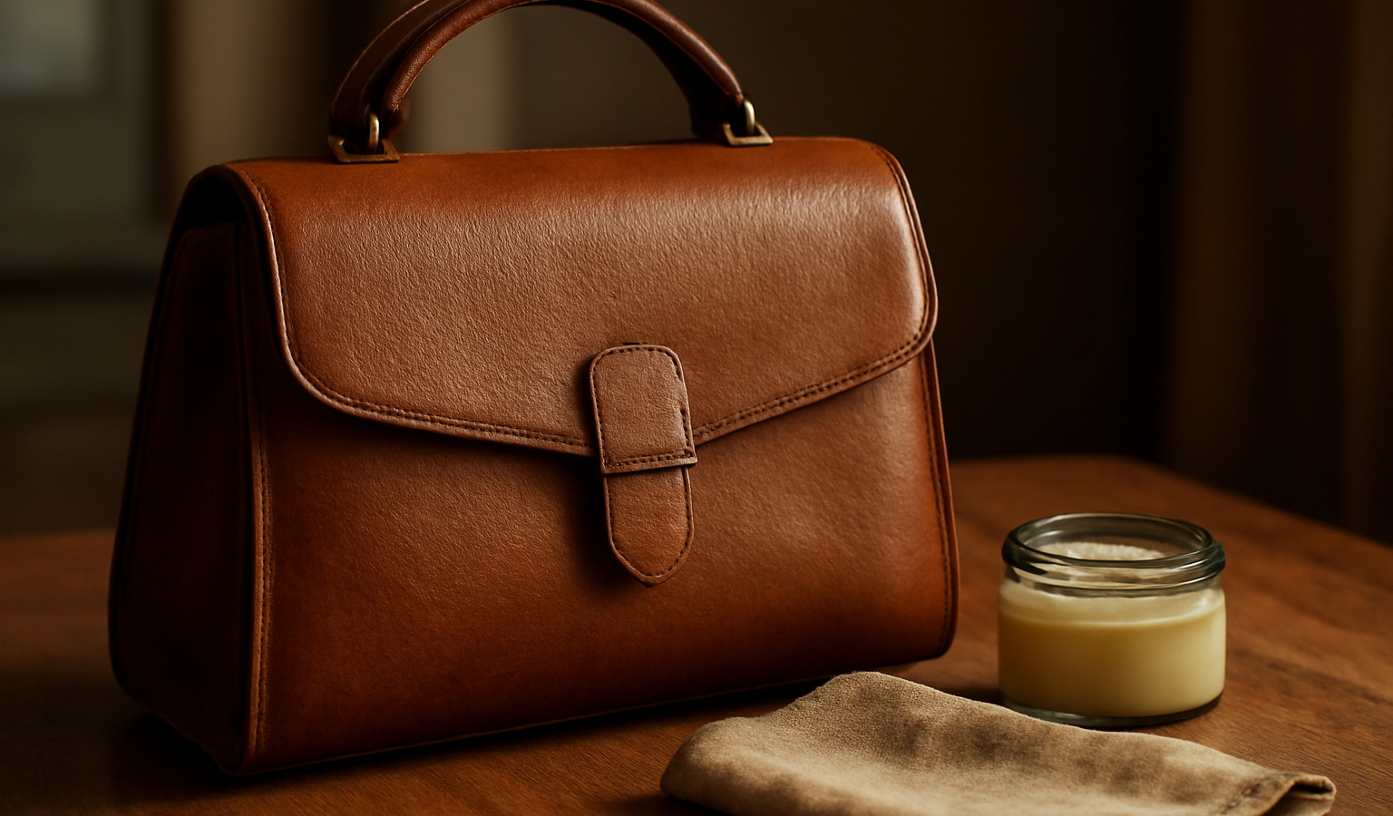 Tas kulit asli wanita dengan kain mikrofiber dan conditioner di atas meja kayu