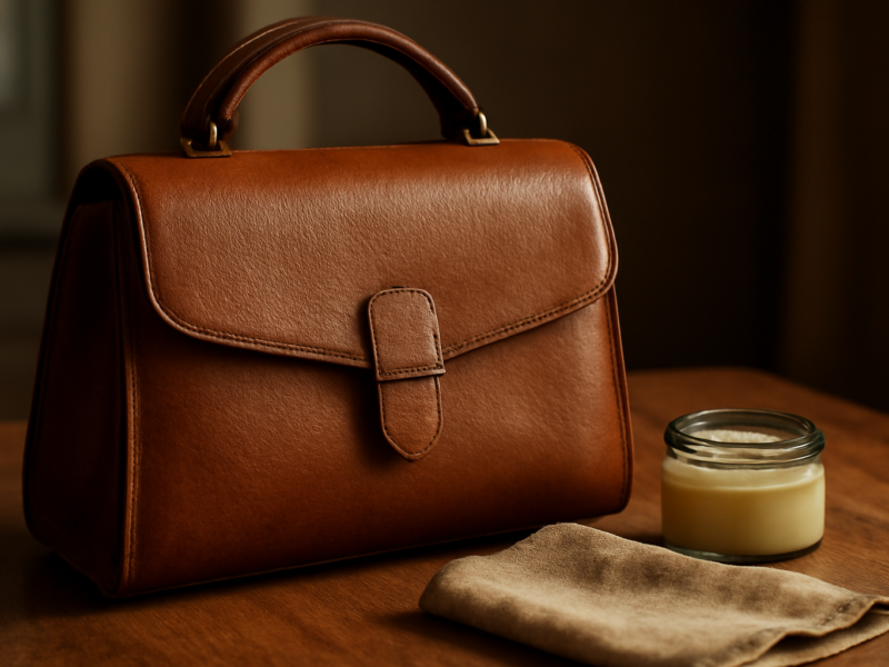 Tas kulit asli wanita dengan kain mikrofiber dan conditioner di atas meja kayu