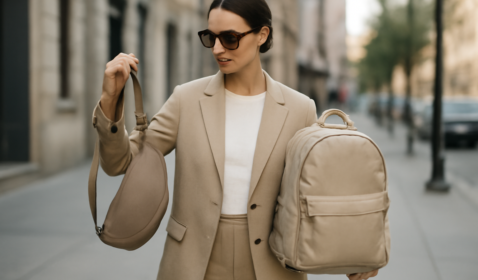 Wanita membandingkan tas ransel dan sling bag di luar ruangan