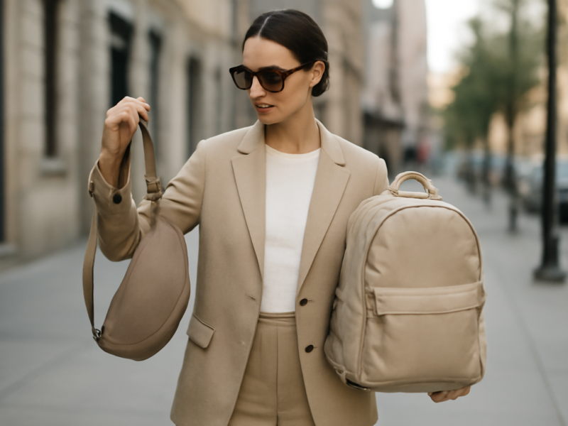 Wanita membandingkan tas ransel dan sling bag di luar ruangan