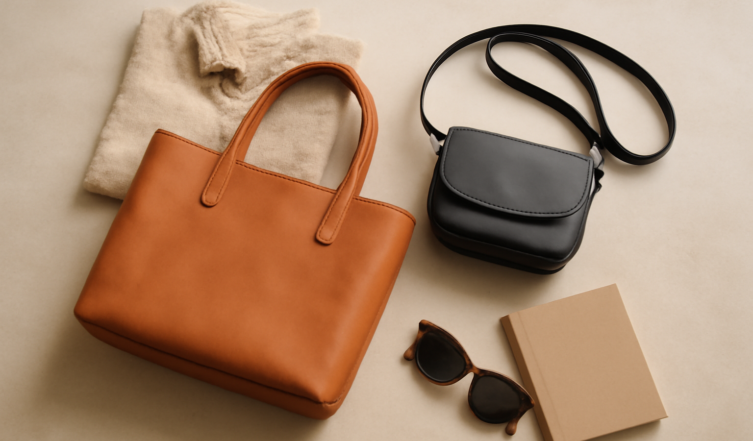Tas tote kulit cokelat dan tas selempang hitam kecil ditata berdampingan untuk perbandingan