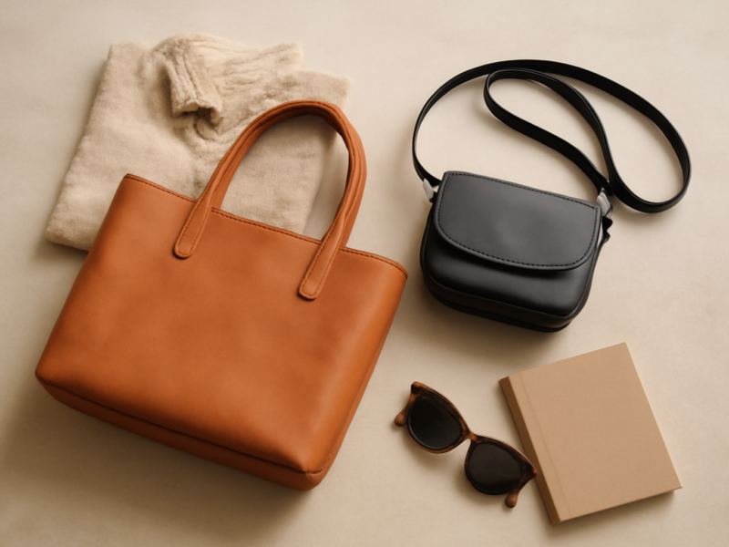 Tas tote kulit cokelat dan tas selempang hitam kecil ditata berdampingan untuk perbandingan