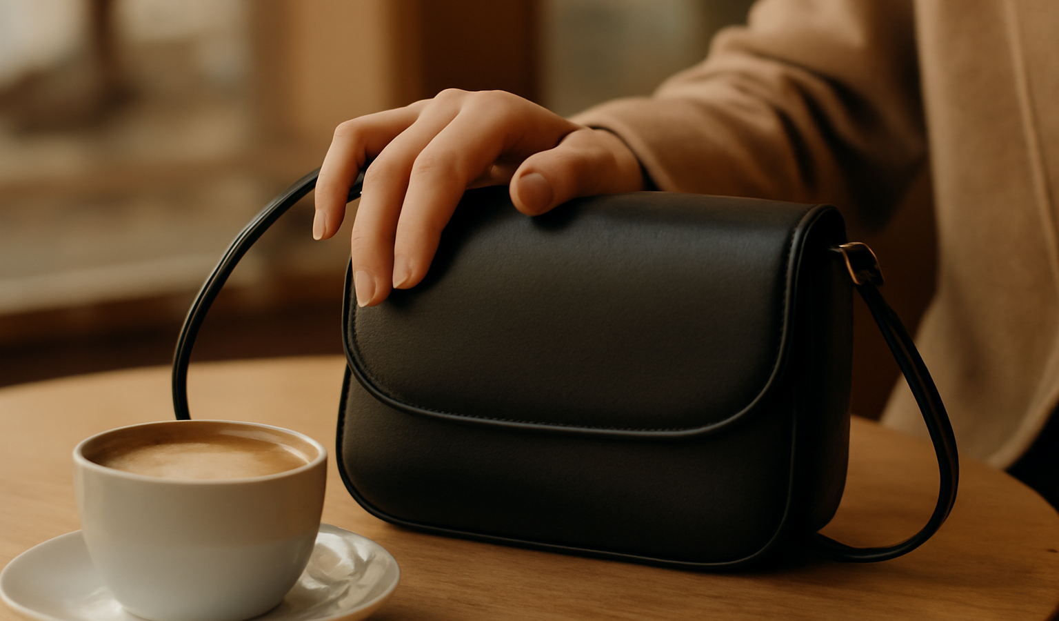 Tas wanita kulit hitam berukuran kecil untuk kencan diletakkan di meja kafe