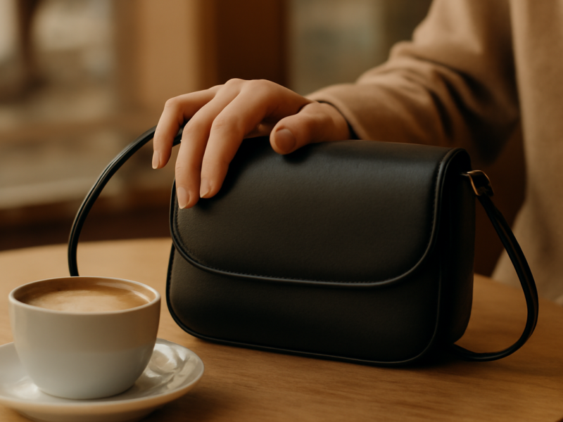 Tas wanita kulit hitam berukuran kecil untuk kencan diletakkan di meja kafe