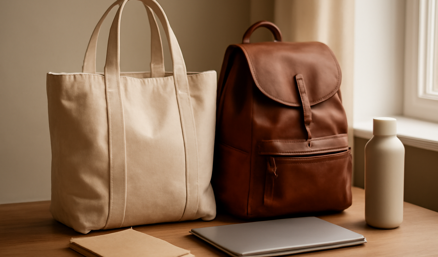 Tas wanita untuk kuliah berupa tote bag kanvas dan backpack kulit di atas meja belajar