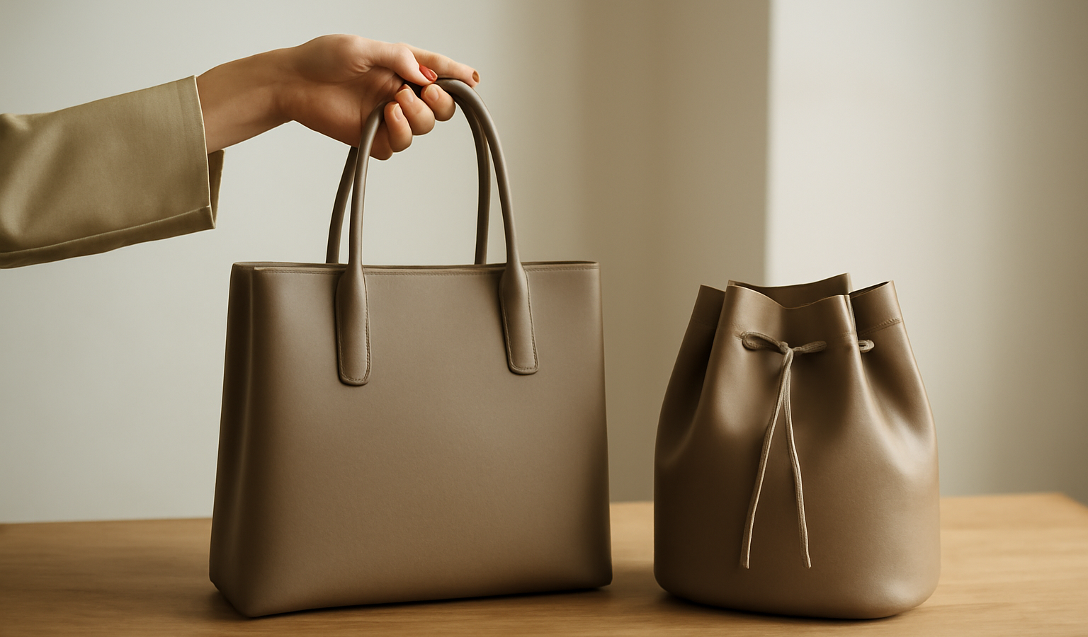 Perbandingan tas tote dan bucket bag di atas meja kayu