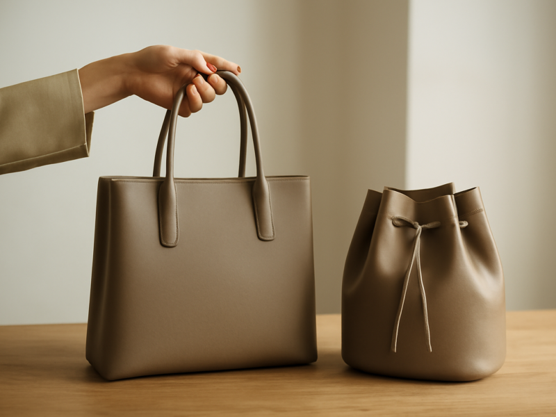 Perbandingan tas tote dan bucket bag di atas meja kayu